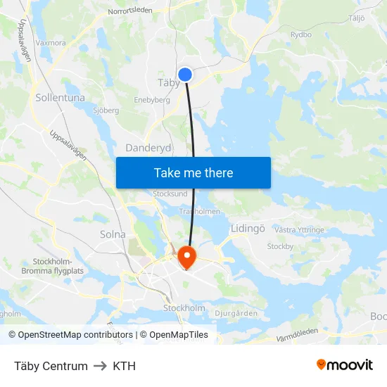 Täby Centrum to KTH map