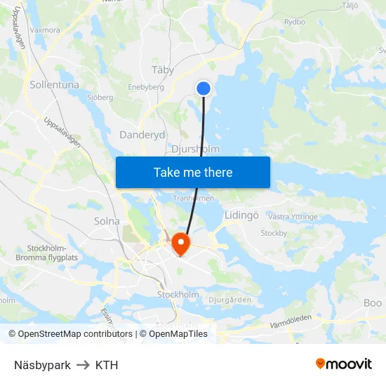 Näsbypark to KTH map