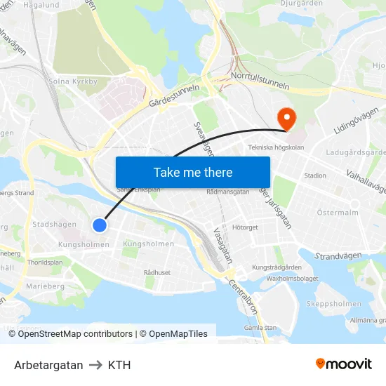 Arbetargatan to KTH map