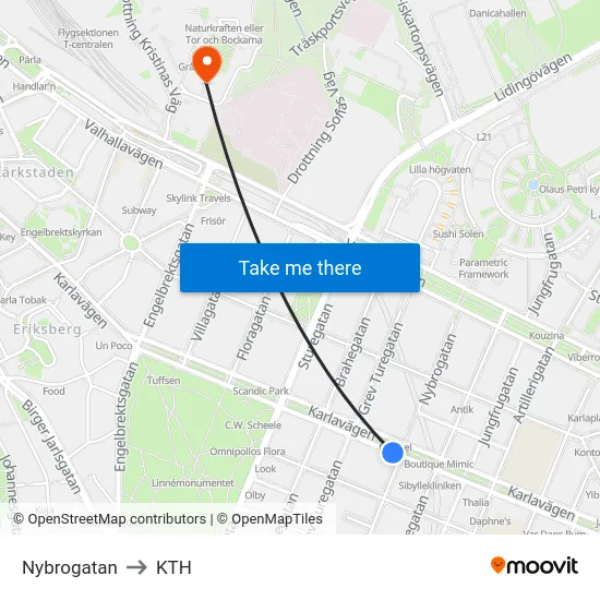 Nybrogatan to KTH map