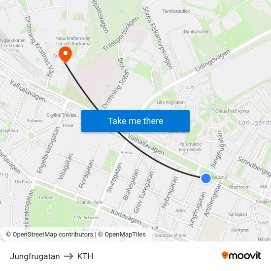Jungfrugatan to KTH map