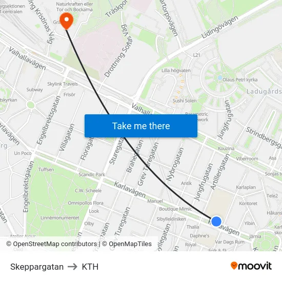 Skeppargatan to KTH map