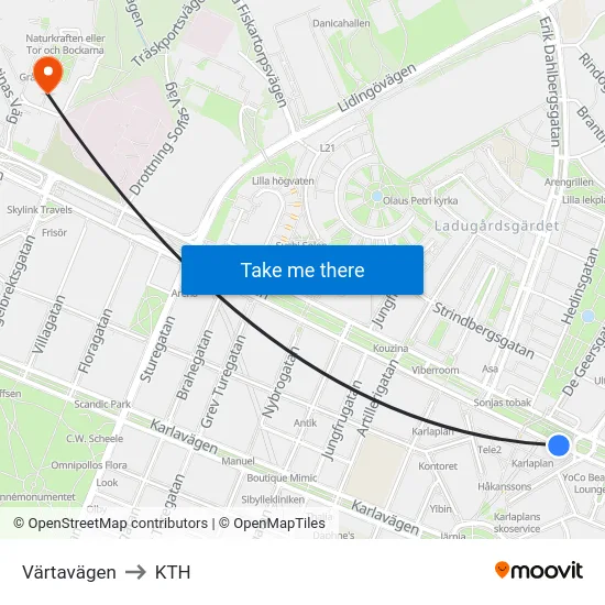 Värtavägen to KTH map