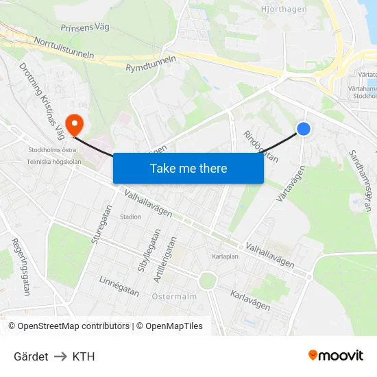 Gärdet to KTH map