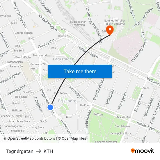 Tegnérgatan to KTH map