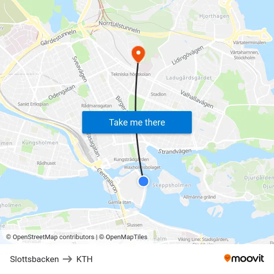 Slottsbacken to KTH map