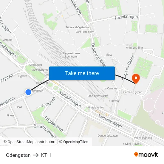 Odengatan to KTH map
