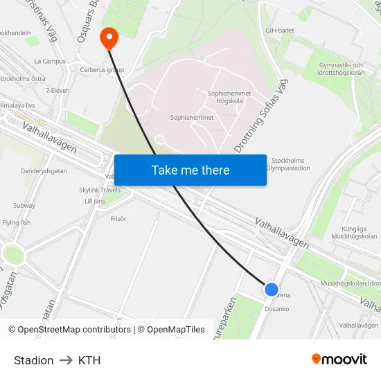 Stadion to KTH map