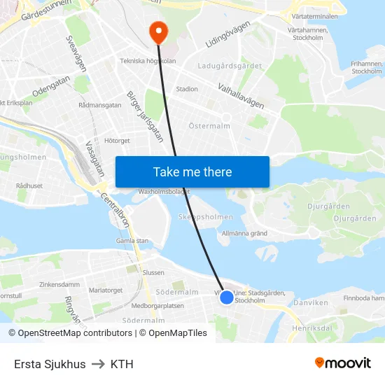 Ersta Sjukhus to KTH map