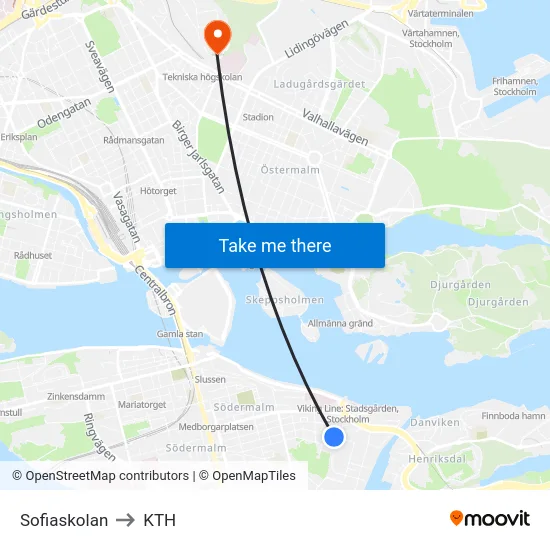 Sofiaskolan to KTH map