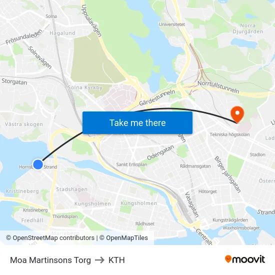 Moa Martinsons Torg to KTH map