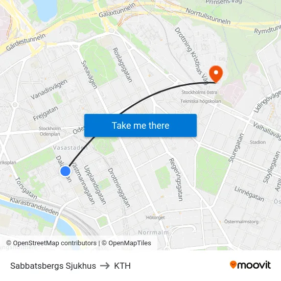 Sabbatsbergs Sjukhus to KTH map