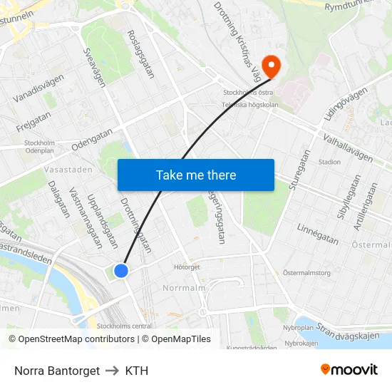 Norra Bantorget to KTH map