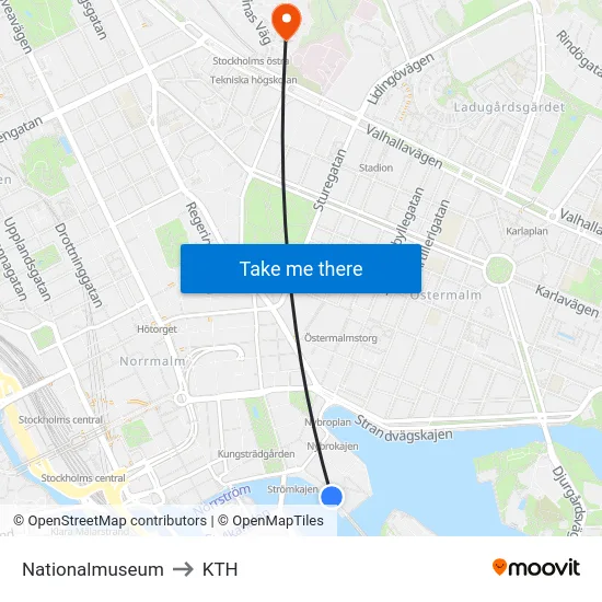 Nationalmuseum to KTH map