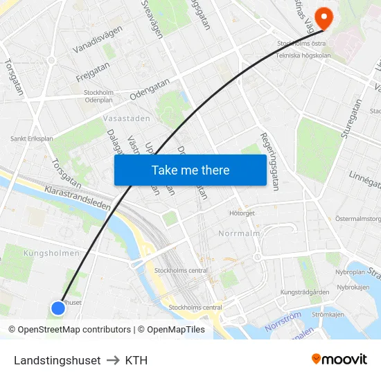 Landstingshuset to KTH map