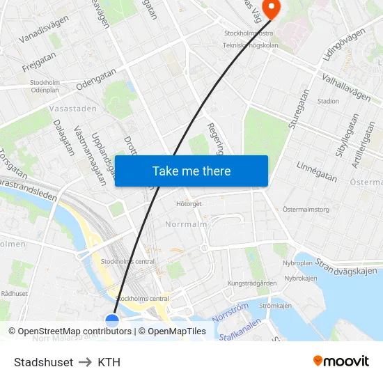 Stadshuset to KTH map