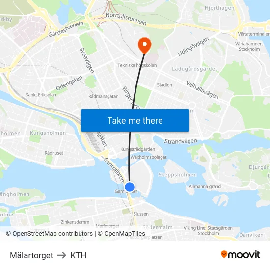 Mälartorget to KTH map