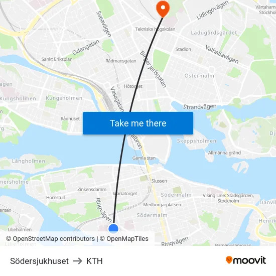 Södersjukhuset to KTH map