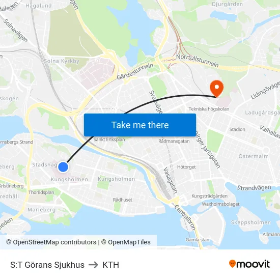 S:T Görans Sjukhus to KTH map
