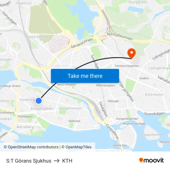 S:T Görans Sjukhus to KTH map