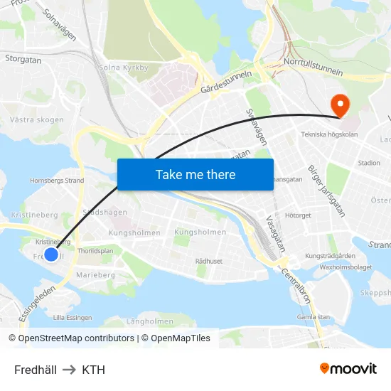 Fredhäll to KTH map