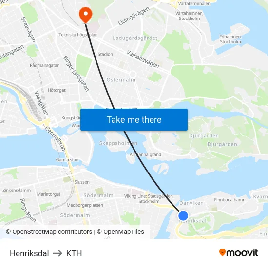 Henriksdal to KTH map