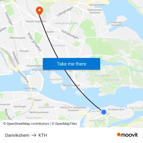 Danvikshem to KTH map