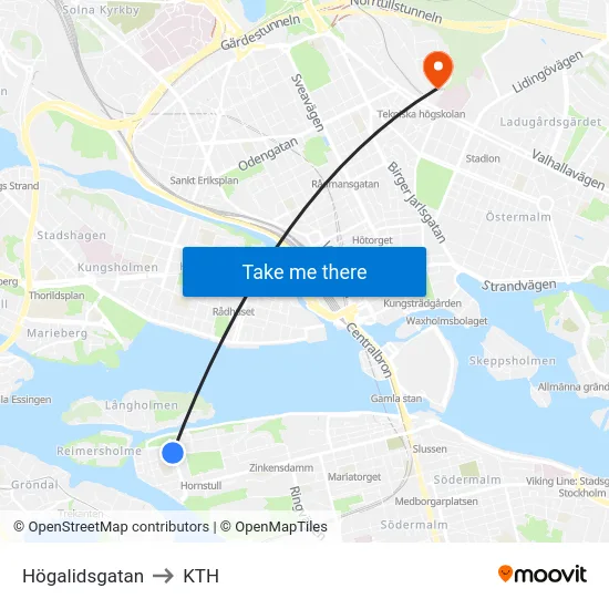 Högalidsgatan to KTH map