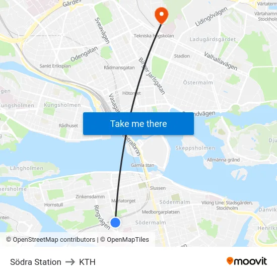Södra Station to KTH map