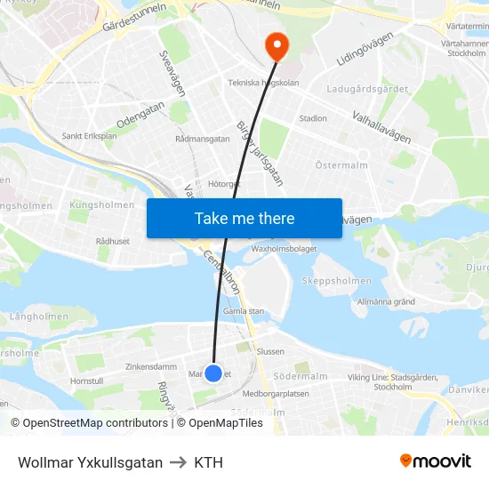 Wollmar Yxkullsgatan to KTH map