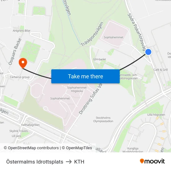 Östermalms Idrottsplats to KTH map