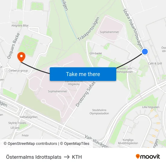 Östermalms Idrottsplats to KTH map