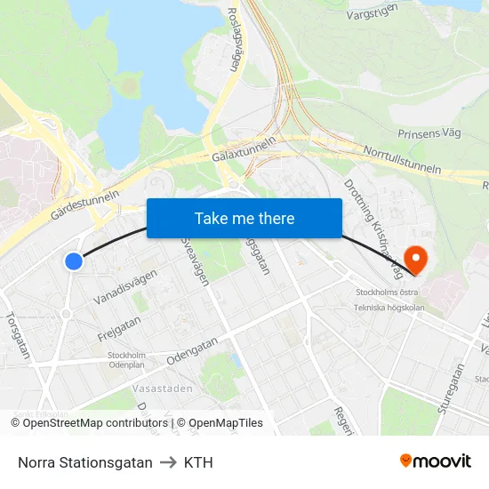 Norra Stationsgatan to KTH map
