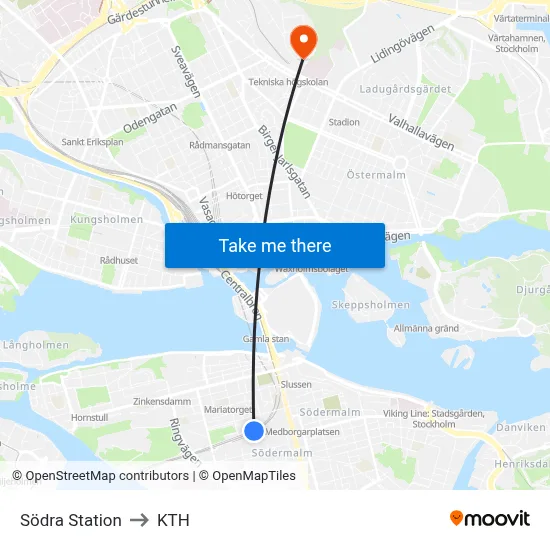 Södra Station to KTH map