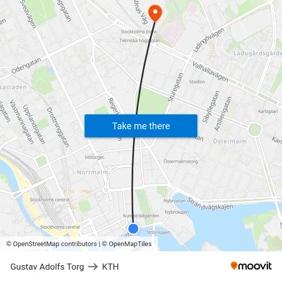 Gustav Adolfs Torg to KTH map