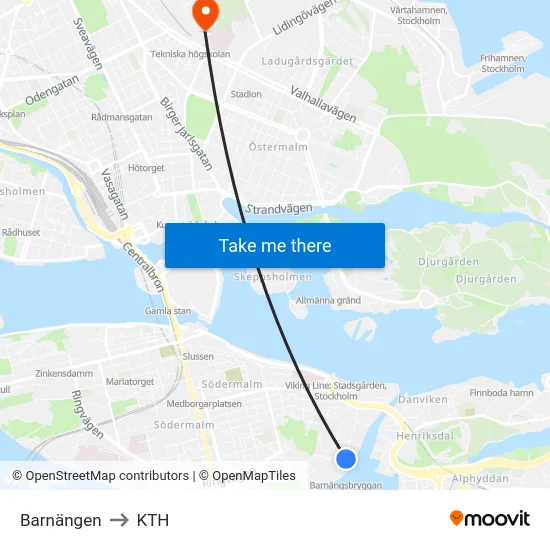 Barnängen to KTH map