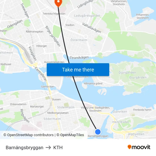 Barnängsbryggan to KTH map