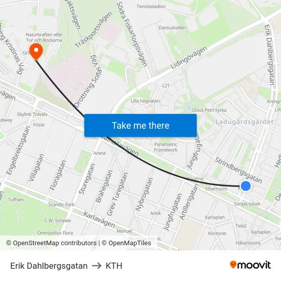 Erik Dahlbergsgatan to KTH map