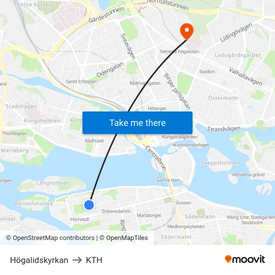 Högalidskyrkan to KTH map