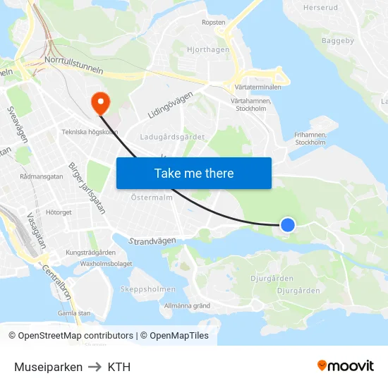 Museiparken to KTH map