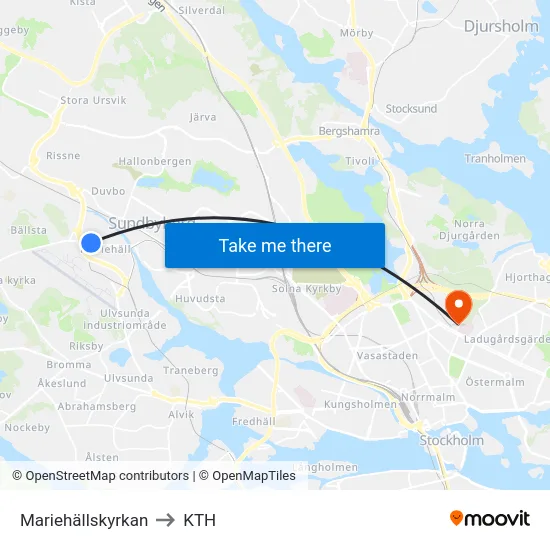 Mariehällskyrkan to KTH map