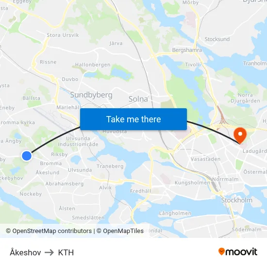 Åkeshov to KTH map