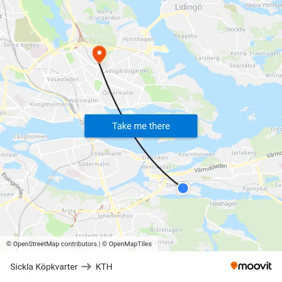 Sickla Köpkvarter to KTH map