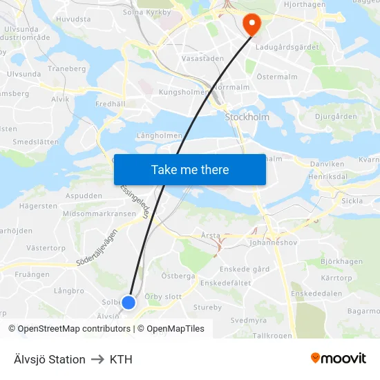 Älvsjö Station to KTH map
