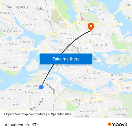 Aspudden to KTH map