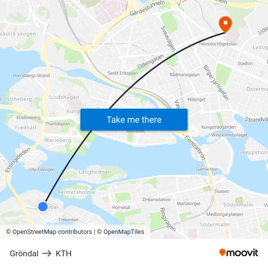 Gröndal to KTH map