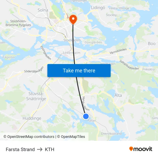 Farsta Strand to KTH map