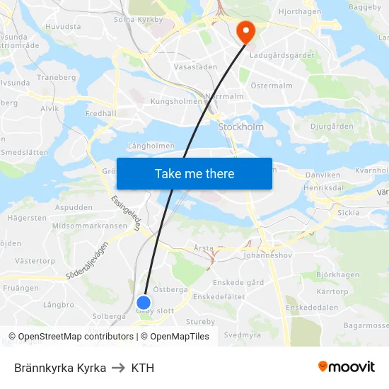 Brännkyrka Kyrka to KTH map