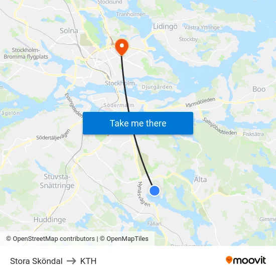 Stora Sköndal to KTH map