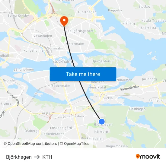 Björkhagen to KTH map